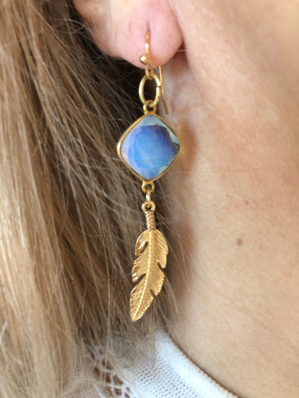 Moonstone & Feather Drop Earrings