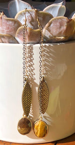 Tiger’s Eye & Feather Double Chain Earrings