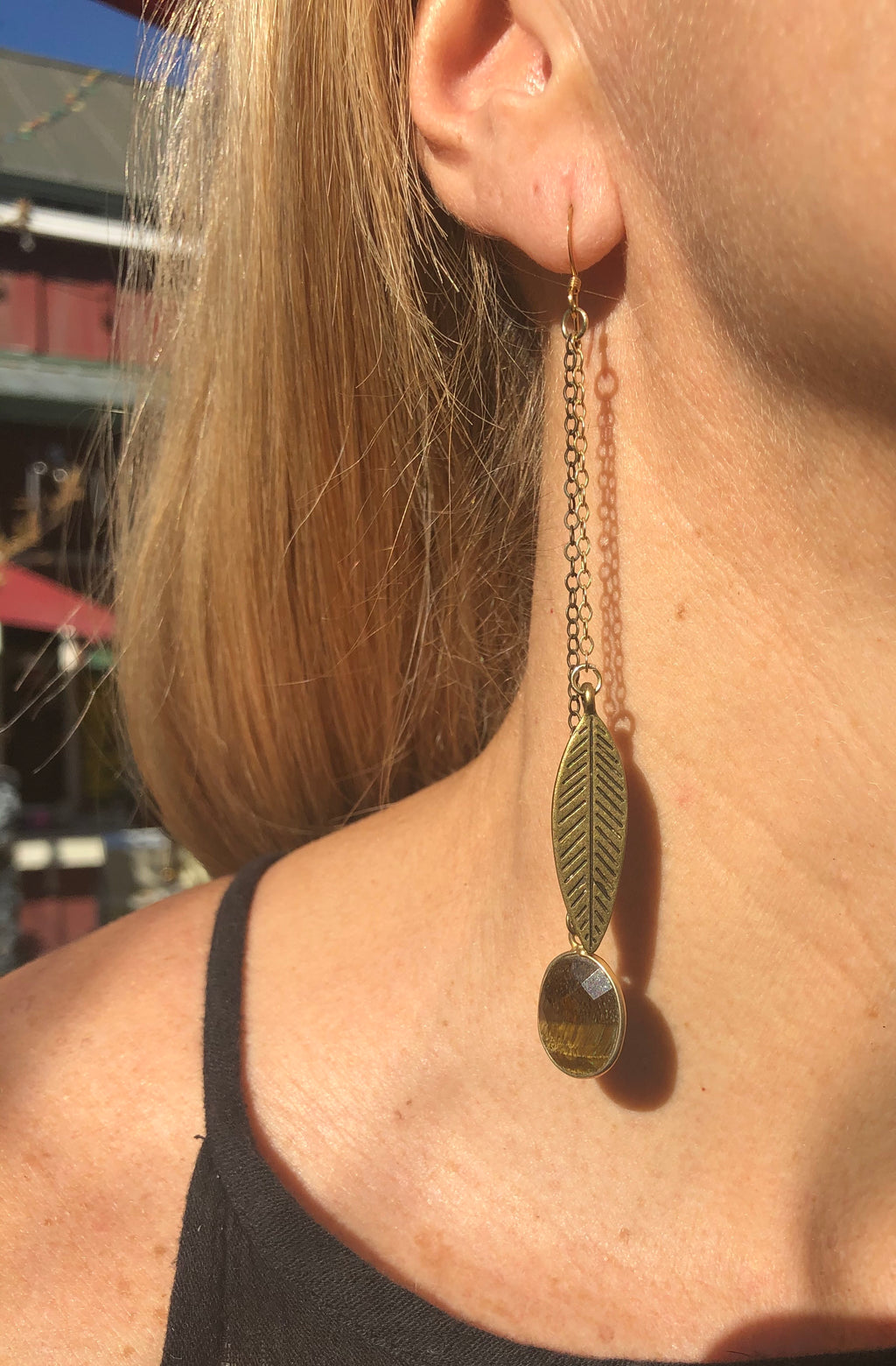 Tiger’s Eye & Feather Double Chain Earrings